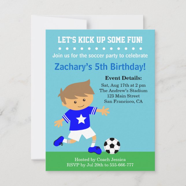 Cute Soccer Boy, Football Themed Birthday Party Invitation (Front)