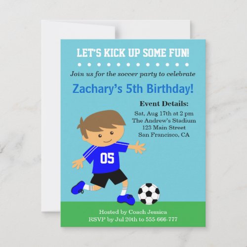 Cute Soccer Boy Football Themed Birthday Party Invitation