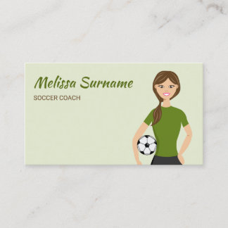 Cute Soccer Coach Girl Illustration Green Business Card