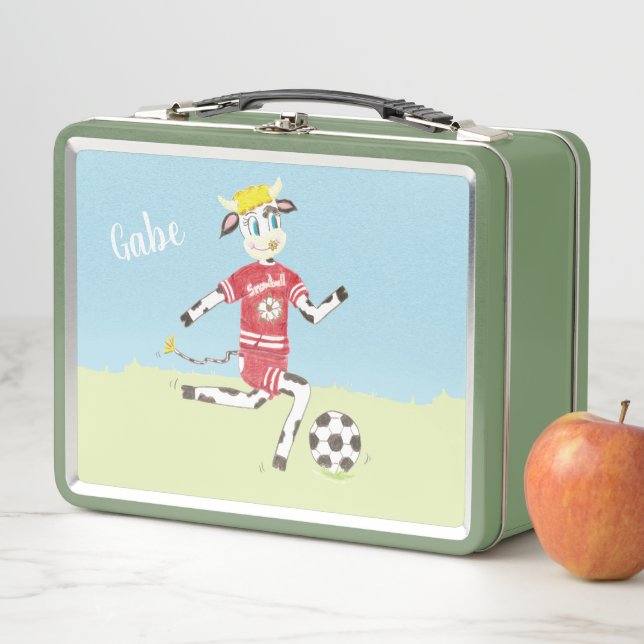 Cute soccer cow kid metal lunch box (In Situ)