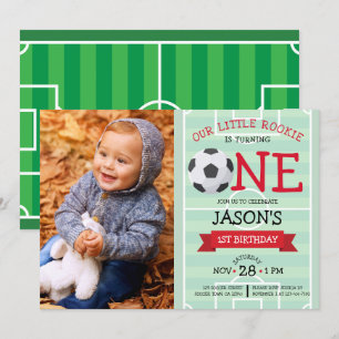 Cute Soccer Field & Ribbon Photo 1st Birthday Invitation