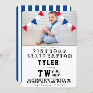 Cute Soccer Football Kids Photo 2nd Birthday Invitation