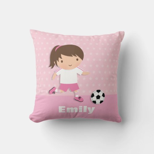 Cute Soccer Footballer Girl Pink Throw Pillow