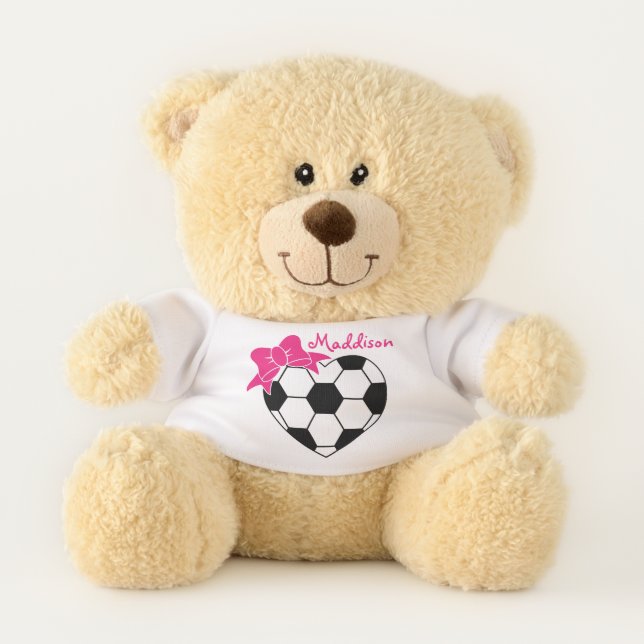 Cute Soccer Hear Ball With Pink Bow Custom Name Teddy Bear (Front)
