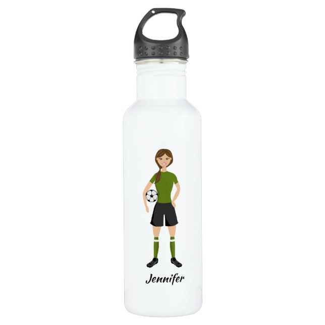 Cute Soccer Player Girl With Custom Name Stainless Steel Water Bottle (Front)