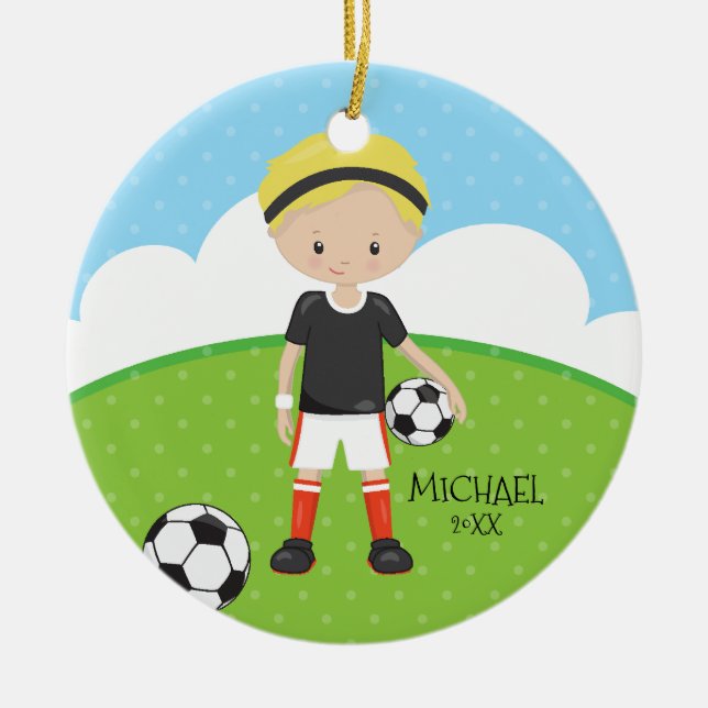 Cute Soccer Player Personalized Dated Christmas Ceramic Ornament (Front)