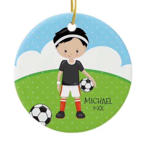 Cute Soccer Player Personalized Dated Christmas Ceramic Ornament