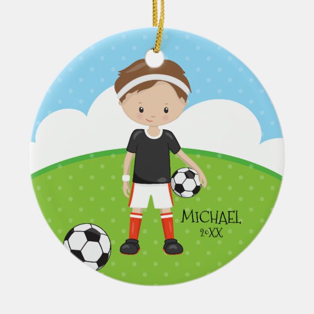 Cute Soccer Player Personalized Dated Christmas Ceramic Ornament (Front)