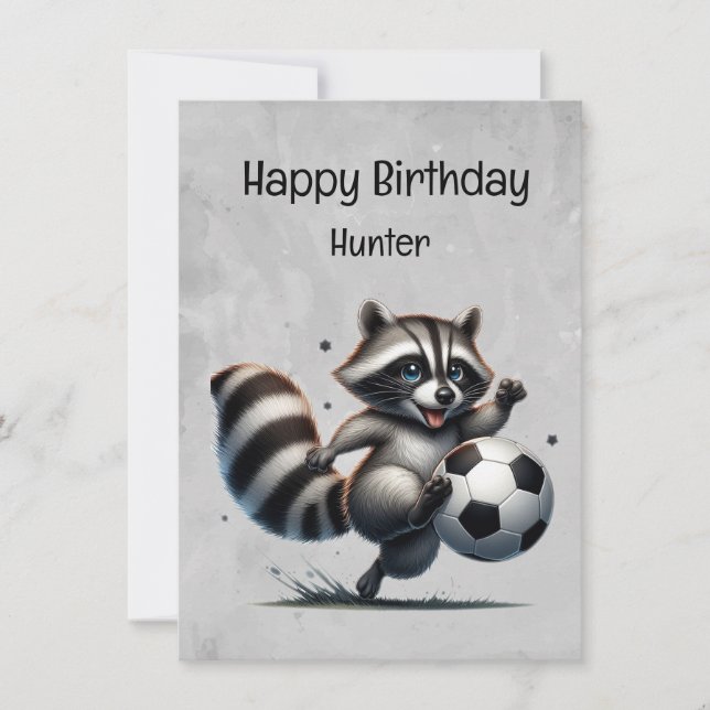 Cute Soccer Player Raccoon Custom Birthday Card (Front)