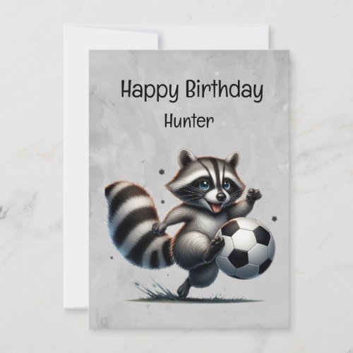 Cute Soccer Player Raccoon Custom Birthday Card