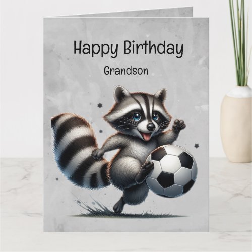 Cute Soccer Player Raccoon Grandson Birthday Card