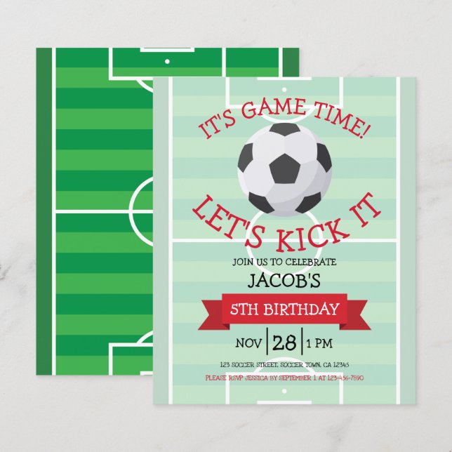 Cute Soccer & Ribbon Budget Birthday Invitation (Front/Back)
