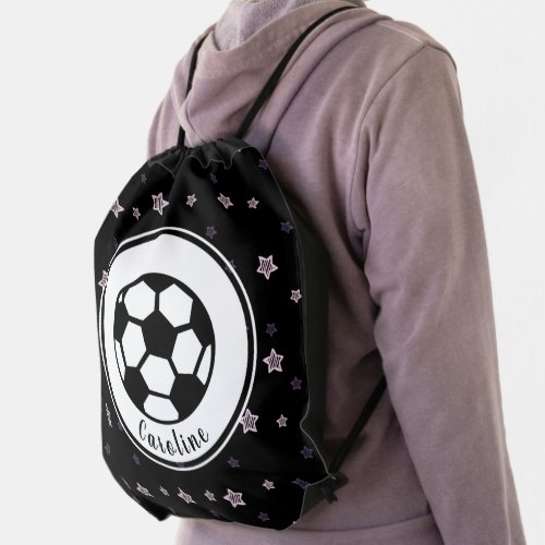 Cute Soccer Themed Girly Personalized Stars Black Drawstring Bag