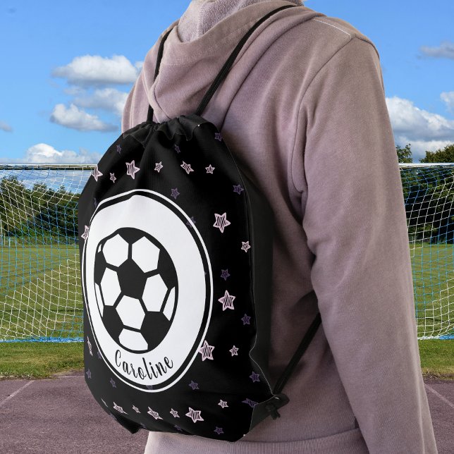 Cute Soccer Themed Girly Personalized Stars Black Drawstring Bag (Creator Uploaded)