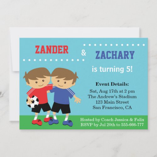 Cute Soccer Twins Soccer Kids Birthday Party Invitation