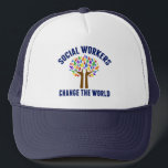 Cute Social Work Inspirational Quote  Trucker Hat<br><div class="desc">Social Workers Change the World inspirational gift. A cute motivational social work quote written around a beautiful tree of rainbow leaves. Get this cool hat for a social services manager.</div>
