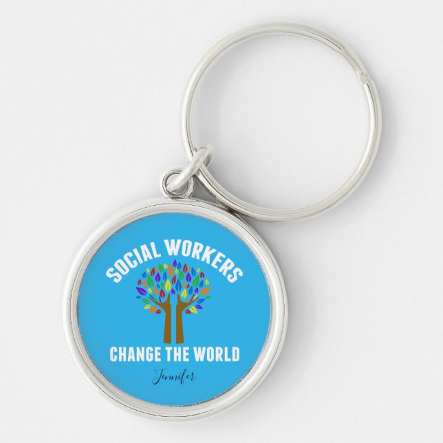 Cute Social Work Quote Blue Rainbow Tree Monogram Keychain (Front)