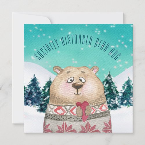 Cute Socially Distanced Bear Hug Forest Snow Scene Holiday Card