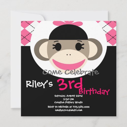 Cute Sock Monkey Birthday Invitations Pink Argyle