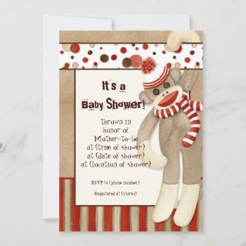 Cute Sock Monkey  Boy Baby Shower Red Invitation by AudreyJeanne at Zazzle