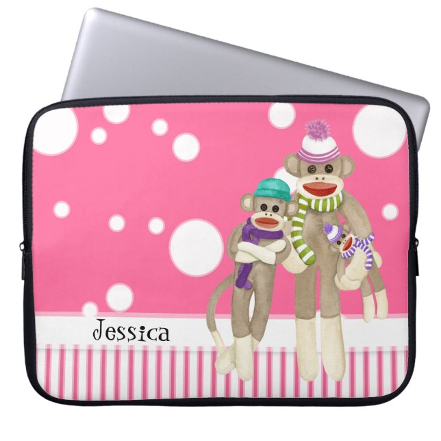 Cute Sock Monkey Girl Friends Whimsical Fun Art Laptop Sleeve (Front)