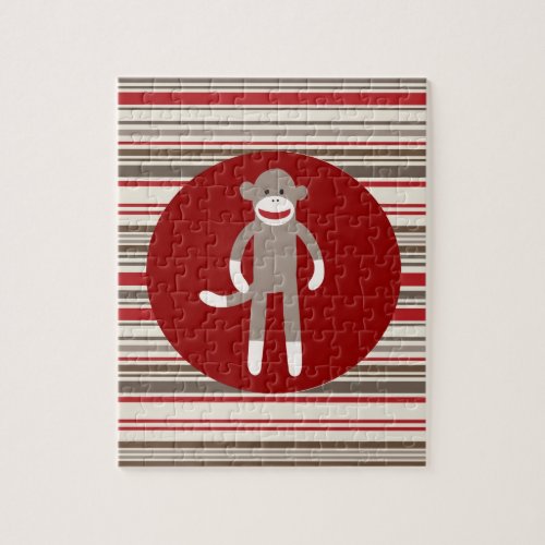 Cute Sock Monkey on Red Circle Red Brown Stripes Jigsaw Puzzle