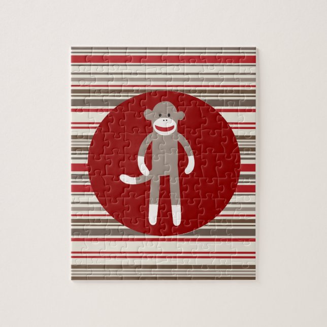 Cute Sock Monkey on Red Circle Red Brown Stripes Jigsaw Puzzle (Vertical)