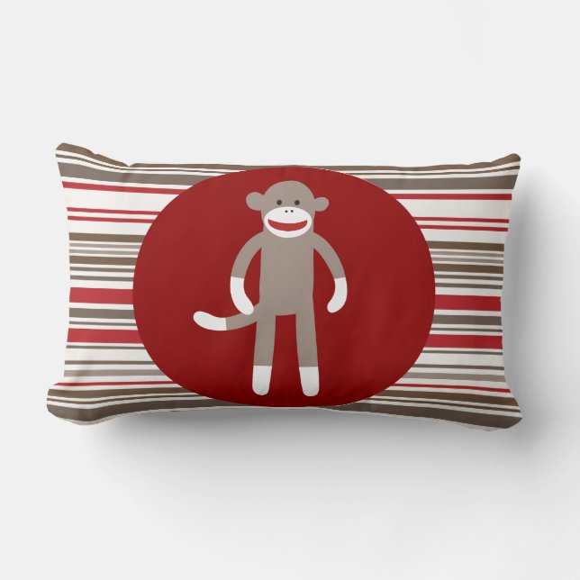 Cute Sock Monkey on Red Circle Red Brown Stripes Lumbar Pillow (Front)