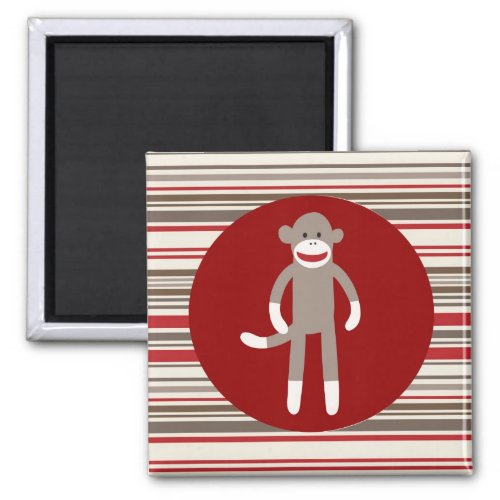 Cute Sock Monkey on Red Circle Red Brown Stripes Magnet