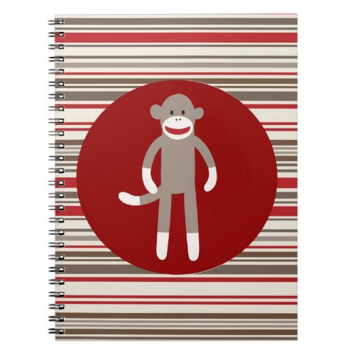 Cute Sock Monkey on Red Circle Red Brown Stripes Notebook