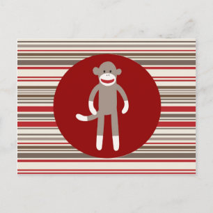 Cute Sock Monkey on Red Circle Red Brown Stripes Postcard
