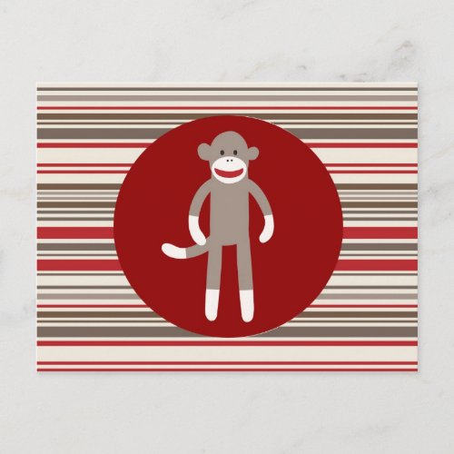 Cute Sock Monkey on Red Circle Red Brown Stripes Postcard