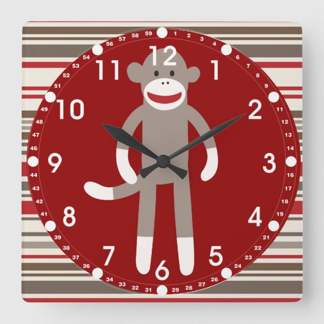 Cute Sock Monkey on Red Circle Red Brown Stripes Square Wall Clock (Front)
