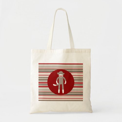 Cute Sock Monkey on Red Circle Red Brown Stripes Tote Bag