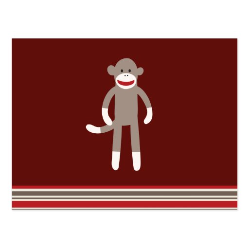 Cute Sock Monkey on Red with Stripes Postcard | Zazzle