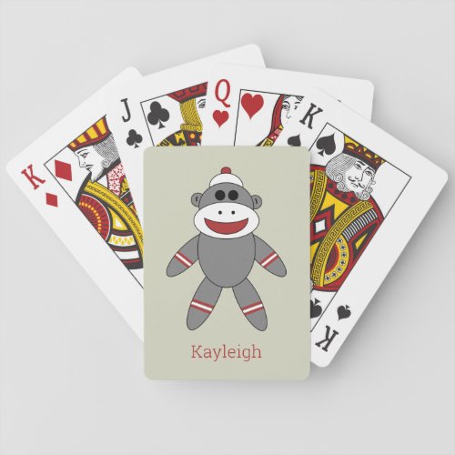 Cute Sock Monkey on Tan With Name Playing Cards