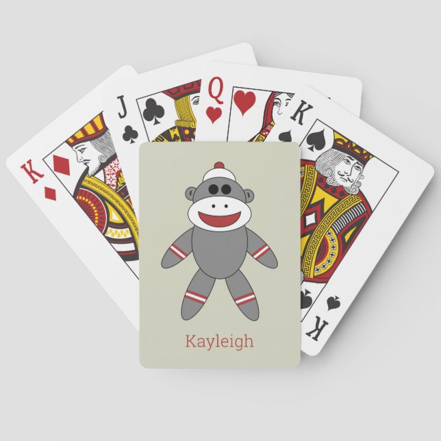 Cute Sock Monkey on Tan With Name Poker Cards (Back)