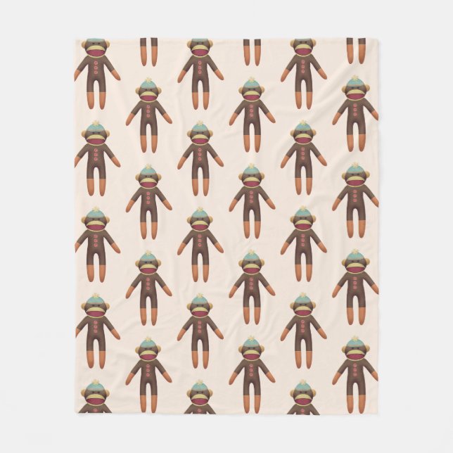 Cute Sock Monkey Pattern Beige Fleece Blanket (Front)