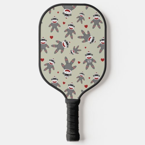 Cute Sock Monkey Pattern With Hearts on Tan Pickleball Paddle
