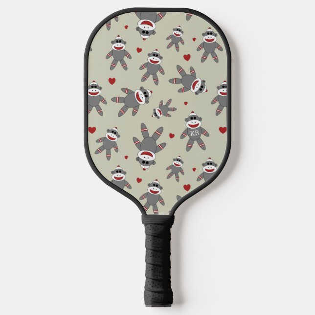 Cute Sock Monkey Pattern With Hearts on Tan Pickleball Paddle (Front)