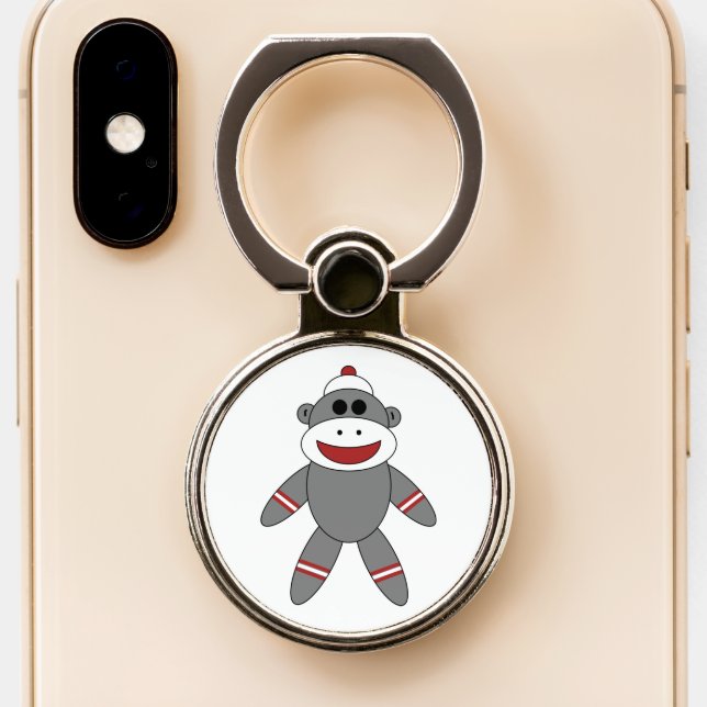 Cute Sock Monkey Retro Phone Ring Stand (Close Up)