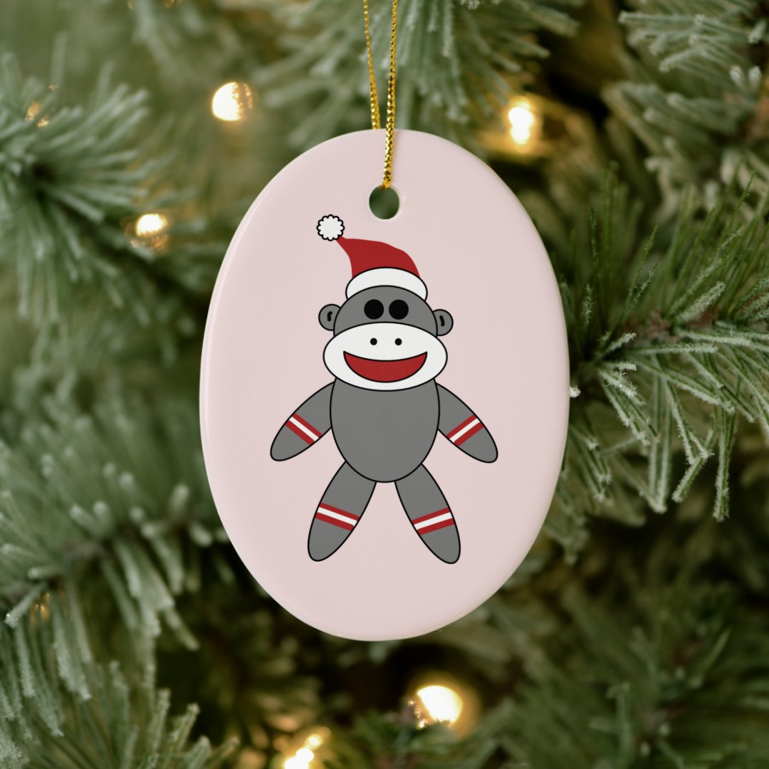 Cute Sock Monkey Wearing Santa Hat Christmas Ceramic Ornament 