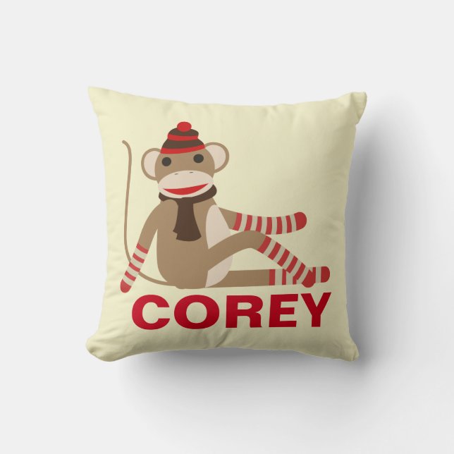 Cute Sock Monkey with Custom Name Throw Pillow (Front)