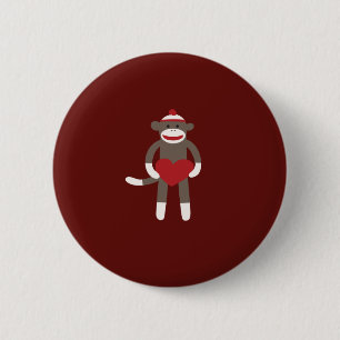 Cute Sock Monkey with Hat Holding Heart Button