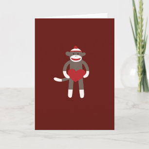 Cute Sock Monkey with Hat Holding Heart Card