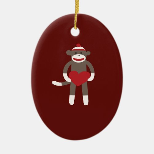 Cute Sock Monkey with Hat Holding Heart Ceramic Ornament