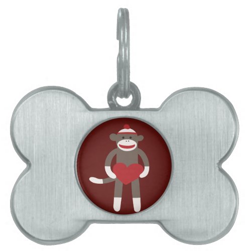 Cute Sock Monkey with Hat Holding Heart Pet Tag