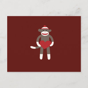 Cute Sock Monkey with Hat Holding Heart Postcard