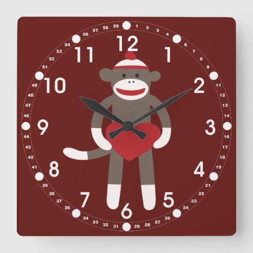 Cute Sock Monkey with Hat Holding Heart Square Wall Clock
