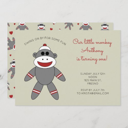 Cute Sock Monkey with Hearts 1st Birthday Invitation